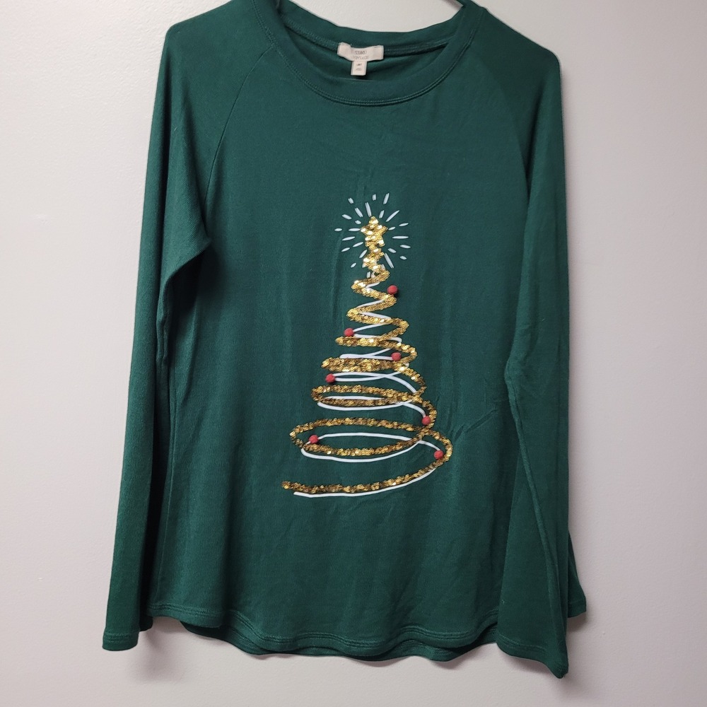 Como Vintage Womens Green Christmas Tree Sequin Long Sleeve Top CS9484BL Medium